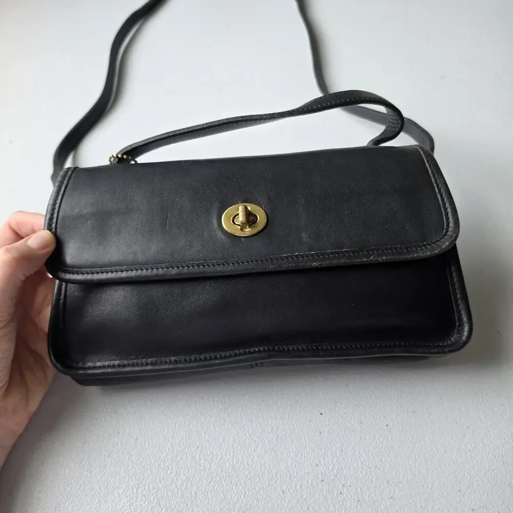 Vintage Coach Leather Geometric Clutch 9044 Crossbody Small Black Turnlock USA